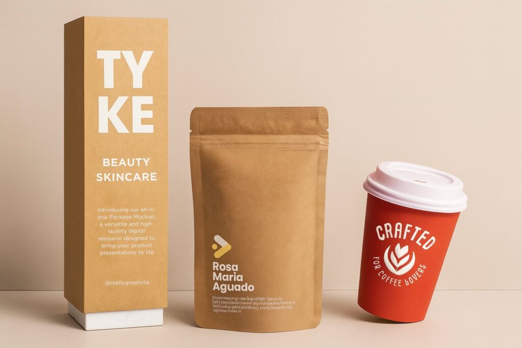 Custom printed packaging including product boxes, coffee cups and branded bags for an Australian small business