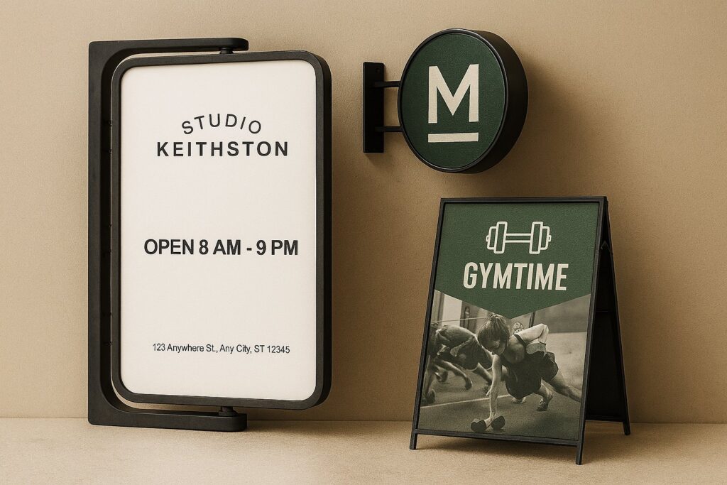 Branded shopfront signage and A-frame signs designed for a local Brisbane business