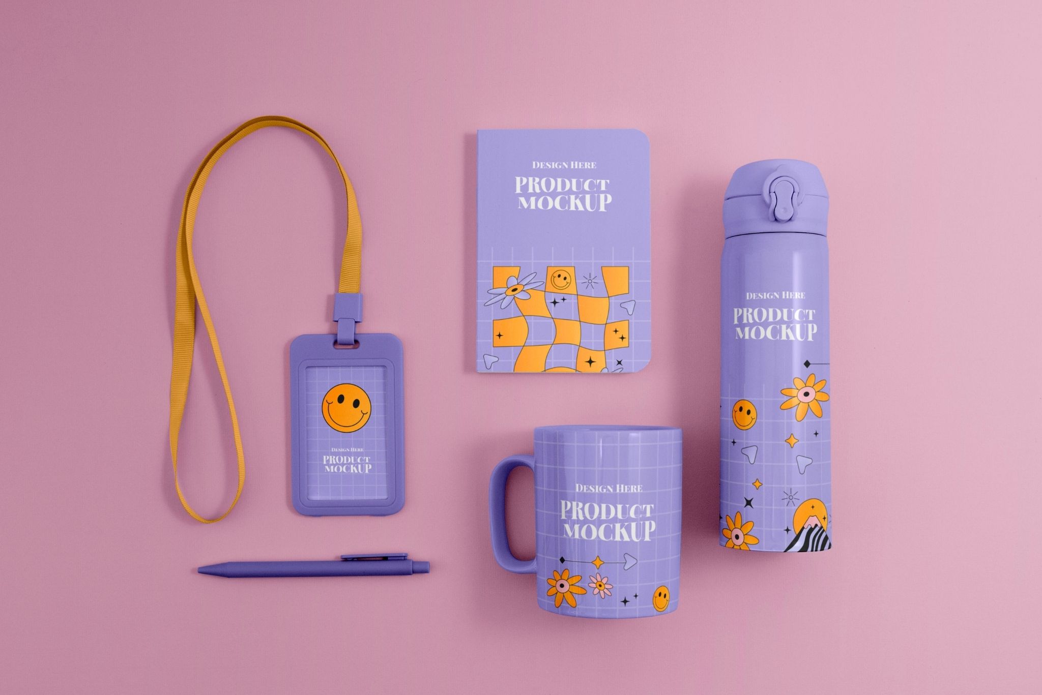 Branded merchandise mockups as part of branded marketing solutions in Brisbane — including custom mugs, bottles, notebooks, and key tags designed for promotional use.