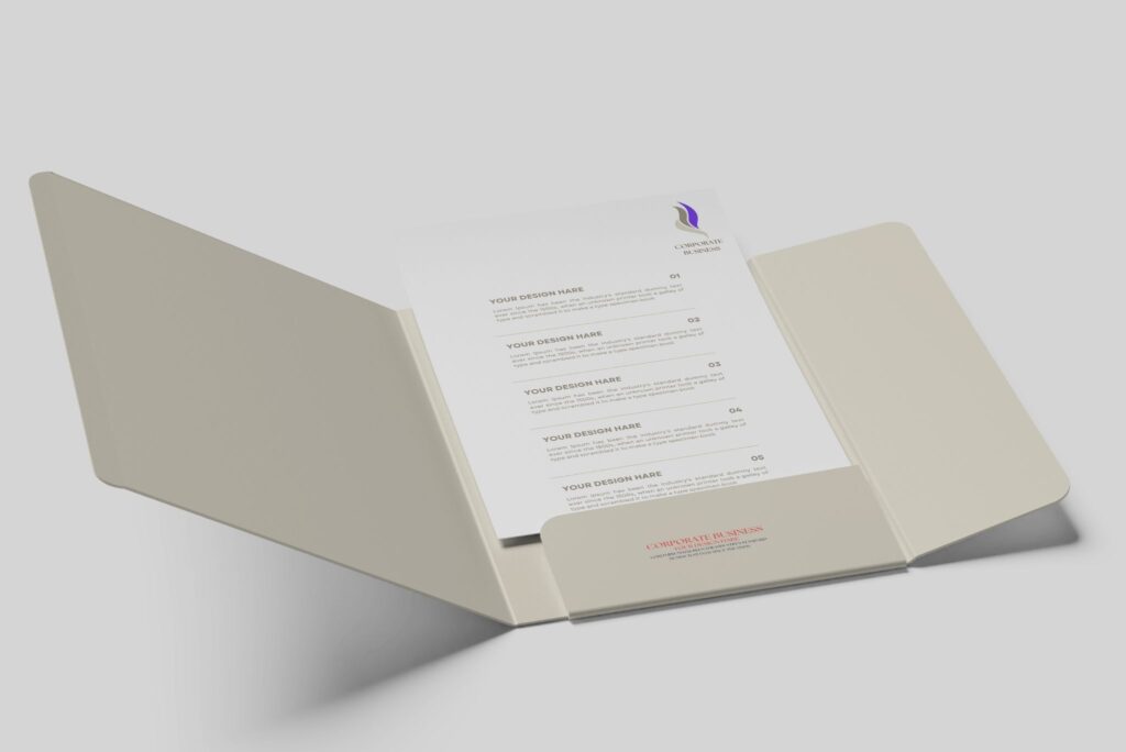Custom branded presentation folder with document insert, printed by Brandset Brisbane for professional use.