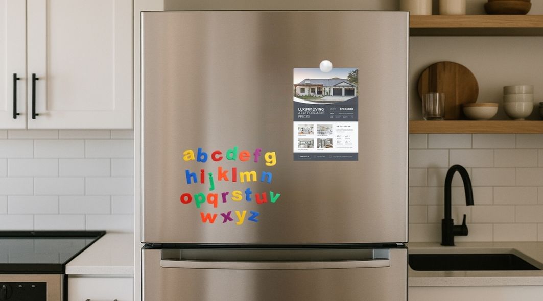 Real estate flyer for a home on a stainless steel fridge