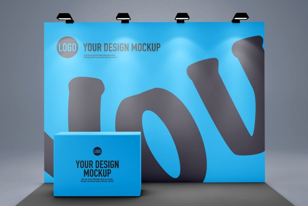 Custom-branded event and expo collateral including media wall and display table — part of full-service branded marketing solutions Brisbane businesses rely on for professional presentations.