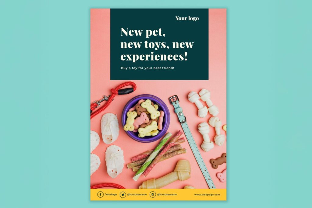 Colourful promotional poster design with dog toys, printed for a pet store. Printed by Brandset Brisbane.