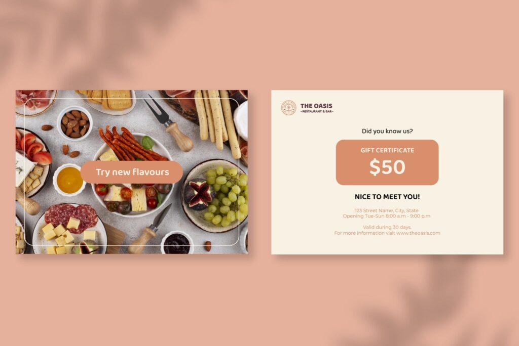 Custom printed restaurant gift card and grazing board flatlay — designed and printed by Brandset Brisbane.