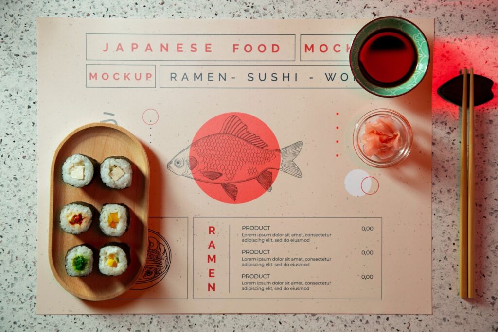 Custom printed Japanese food menu with sushi flatlay — menu printing by Brandset in Brisbane.