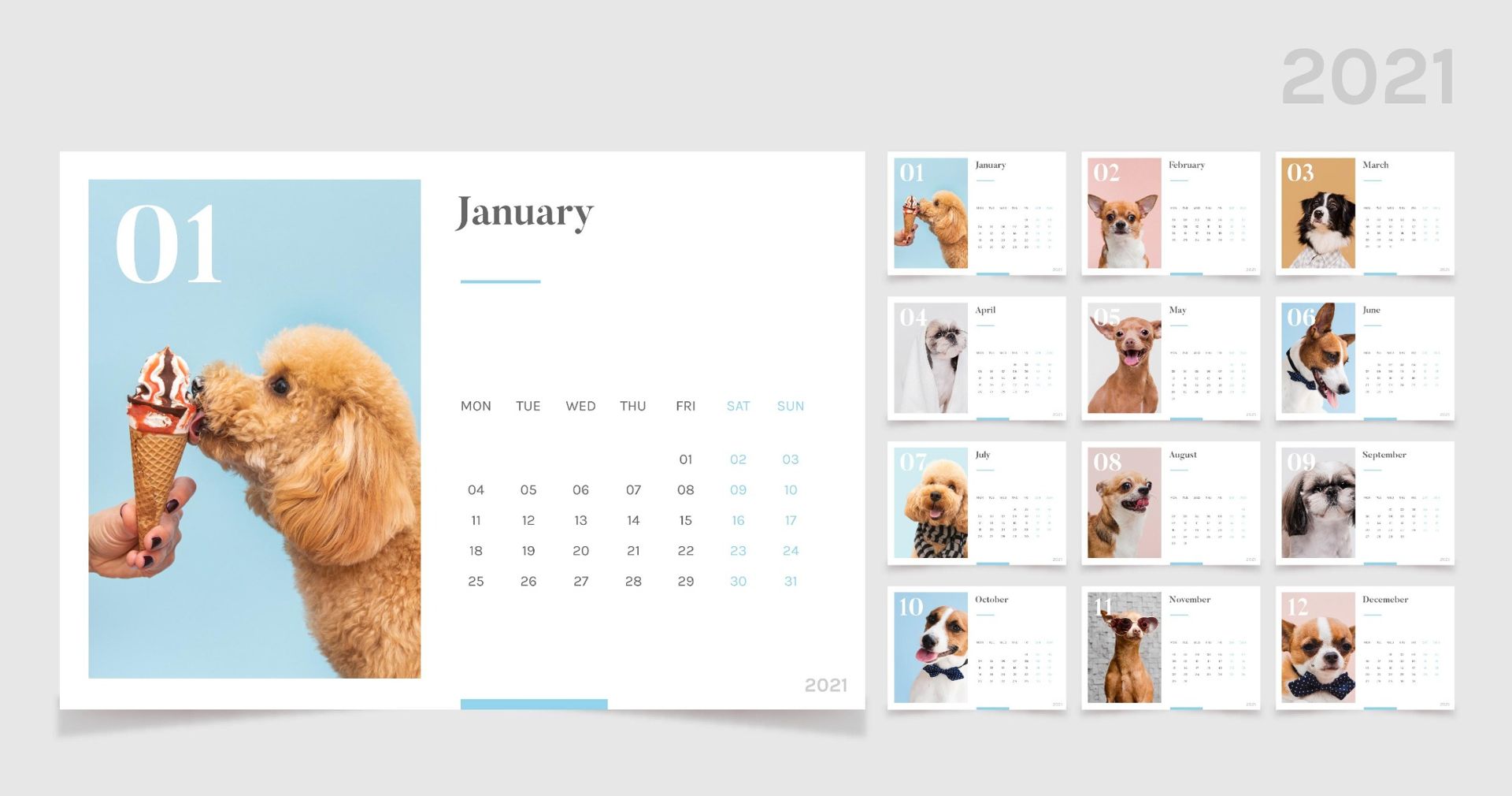 2026 animal-themed desk calendar featuring monthly designs with adorable dogs in pastel backgrounds.