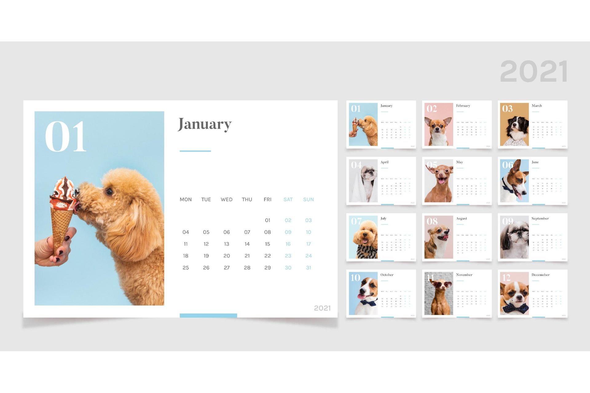 2026 animal-themed desk calendar featuring monthly designs with adorable dogs in pastel backgrounds.