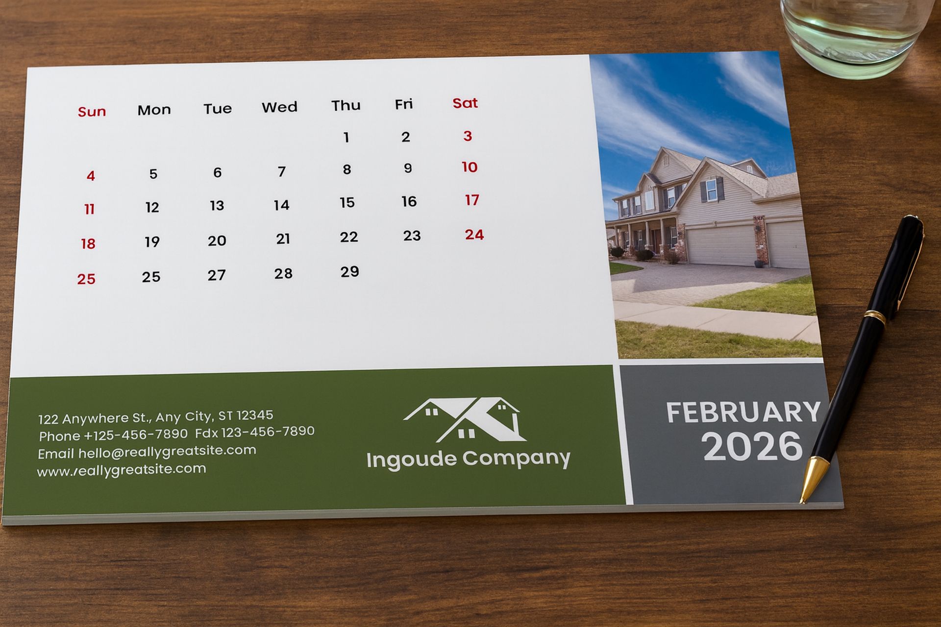 Branded 2026 deskpad calendar on a wooden desk with a pen beside it – professional A3 design by Brandset