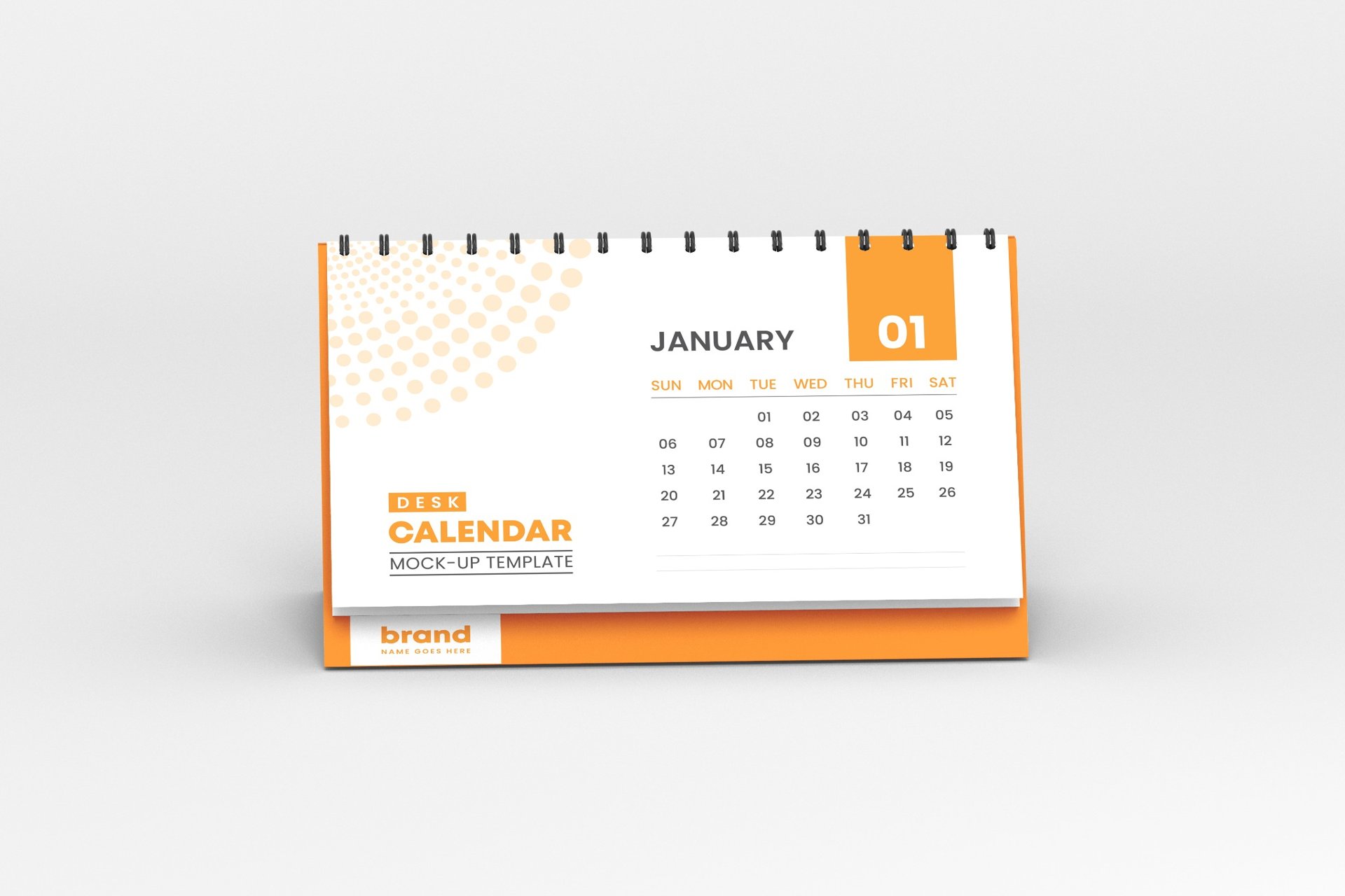 Modern 2026 desk calendar mockup in bright orange and white tones with a clean, professional design layout for January.