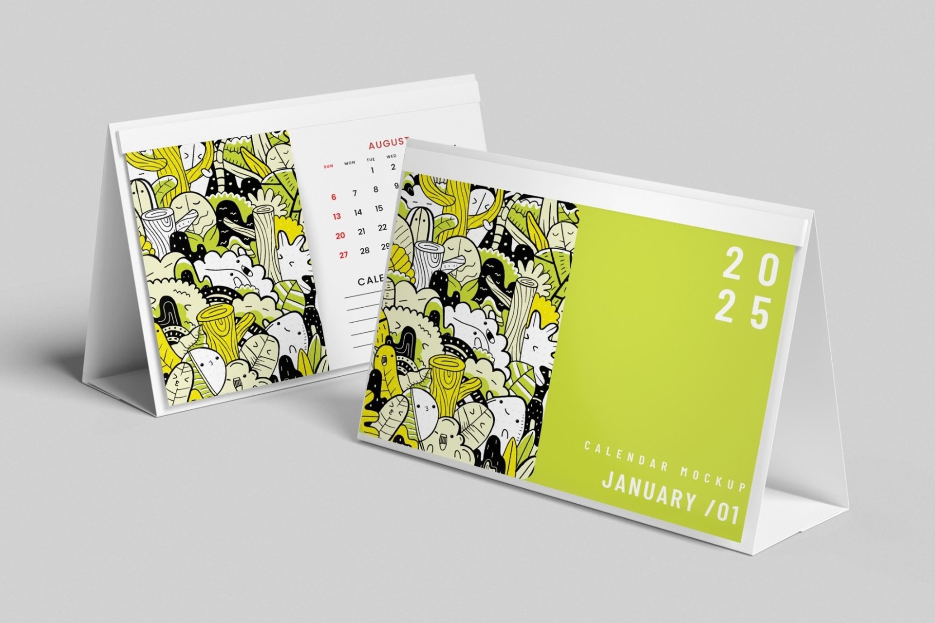 2025 tent desk calendar mockup with playful illustrated design and lime green accent.